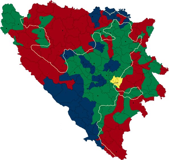 The Carrington-Cutilero Peace Plan (green: Bosniak cantons, red: Serb cantons, blue: Croat cantons)